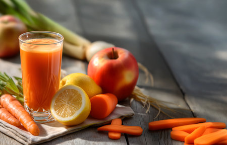 Creative food template. Fresh healthy detox juice from fruit vegetable, apples carrot lemon lemongrass citrus on wooden kitchen countertop with sunlight shining. Long bannerの写真素材