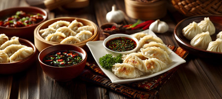 Creative food concept. Steamed and fried hot xiaolongbao wonton tangbao dumpling on plates, bamboo basket on rustic table with chili dip sauce and ingredient on rustic wooden tableの写真素材