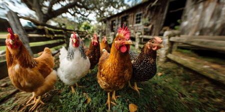 Creative animal template. Chicken rooster of different colours running on vibrant green grass in a natural rustic blurred backyard wooden farm shed. copy text space. long banner waの写真素材