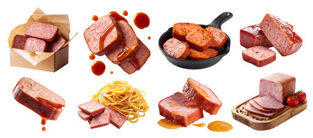 Set of Spam luncheon processed preserved meat, serving wooden board, skillet pan, pork chicken,...