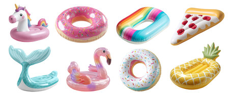 Set of inflatable water airbeds beach pool, swim, float buoy ring on cutout. Many different design, donut, flamingo, unicorn, mermaid, tail, pineapple, pizza. Mockupの写真素材