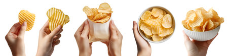Set of hand holding Wavy Wave ridge ripple ruffle Potato chip chips in bowl, pile heap stack, takeaway paper bag pack, isolated on cutout. Mockup template for artworkの写真素材