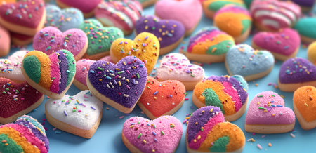 Creative food template. Heart shape Cookies decorated with colourful icing and Sprinkles scattered laying on blue turquoise background. magazine, banner, advertisement. copy text sの写真素材
