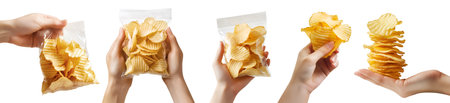 Set of hand holding Wavy Wave ridge ripple ruffle Potato chip chips in plastic sealed foil pack, packet bag, pile heap stack, isolated on cutout. Mockup template for designの写真素材