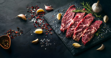 Creative food template. Premium marbled Korean beef chuck flap tail on dark slate plate garnished with rosemary, garlic, chili flake. copy text space, long banner wallpapの写真素材
