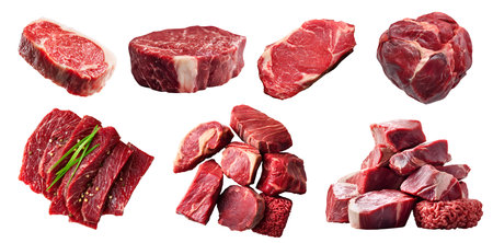 Set of fresh raw red meat, steak beef pork lamb tartare wagyu tenderloin, sliced halved pile ground minced isolated on cutout file. Many different cut. Mockup templateの写真素材