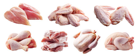 Set of fresh raw white meat, chicken turkey wing whole drumstick thigh breast, sliced halved pile ground minced isolated on cutout file. Many different cut. Mockupの写真素材
