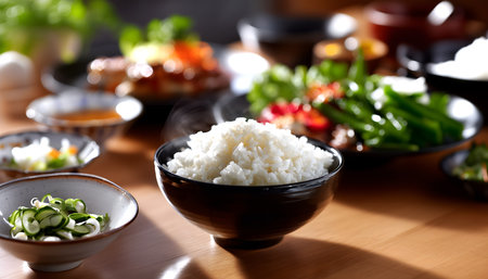 Creative food template. Black ceramic bowl of perfectly cooked steaming fluffy glossy white rice with side dishes meat vegetable on clean zen wooden table. copy text space. long baの写真素材