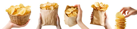 Set of hand holding Wavy Wave ridge ripple ruffle Potato chip chips in basket, takeaway brown bag, pile heap stack, isolated on cutout. Mockup template for artworkの写真素材
