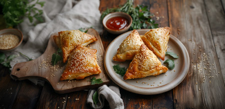 Creative food template. Fried baked golden, flaky crust Samosa pastry on plate, wooden serve board with sesame seeds, herb on rustic wooden table. copy text space. long bannerの写真素材