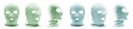 2 Set of pastel light green turquoise blue classic knit knitted woven cuffed wool ribbed fleece balaclava face ski mask headgear, front side view on cutout. Mockupの写真素材