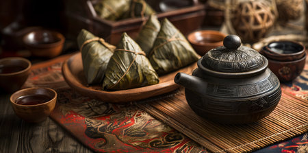 Creative food holiday template. Zongzi, Bak Zhang, Chinese glutinous sticky rice dumplings with decorated clay teapot on bamboo mat, detailed oriental rug carpet on dark backgroundの写真素材