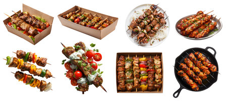 Set of Shish tikka kebab kebob skewers, meat vegetable grilled, BBQ grill, chicken lamb beef pork, with seasoning, paper box, skillet pan, pile stack on cutout. Mockupの写真素材