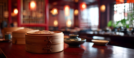 Creative food template. Dim sum steamer steam basket on long wooden table with blurred background of a oriental chinese restaurant cafe. copy text spaceの写真素材
