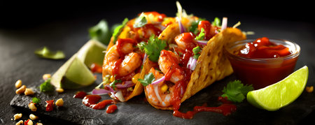 Creative food template. Seafood Prawn shrimp tacos tortilla, with lime wedges, lettuce, basil with tomato ketchup dip sauce on dark concrete background. copy text space. Long banneの写真素材