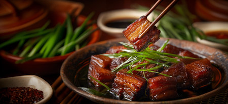 Creative food template. Plate of braised pork belly, with a piece hold by pair of chopsticks, with green onions and drizzled with oil on warm background. Long banner wallpaperの写真素材
