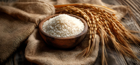 Creative food template. Wooden bowl of uncooked white rice with ripe rice ear, burlap gunny sack cloth on rustic table. copy text space. long banner wallpaper.の写真素材