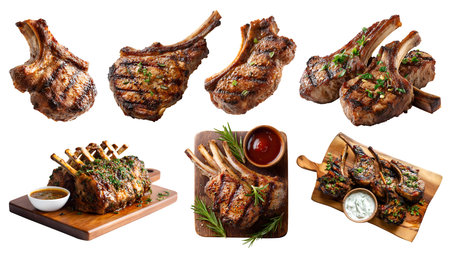 Set of lamb chop steak, rack of lamb rib, BBQ grill, with seasoning, wooden serving board, sauce, pile stack on cutout. Mockup templateの写真素材