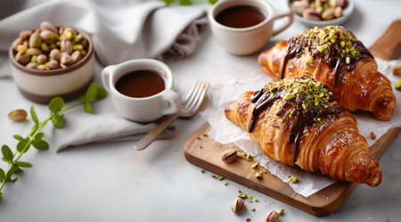 Creative food template. Croissant bread drizzle with chocolate syrup and top with crushed pistachios on wooden serving board with coffee and linen cloth. copy text spaceの写真素材