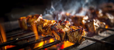Creative food template. Rows of lamb meat skewers grilling on a BBQ barbecue grill, sizzling with juices dripping down with flames sizzling with smoke. Copy text space.の写真素材