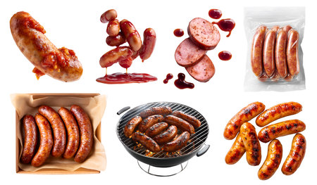 Set of frankfurter frank wiener bratwurst sausage ground mince meat, pork beef chicken, bbq sauce, takeaway box seal bag, grill, bundle stack on cutout. Mockup templateの写真素材