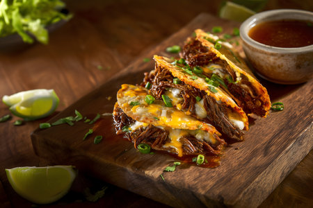 Creative food template. Crispy fried Birria beef lamb tacos tortilla, with spicy marinated sauce, lime wedge, lettuce, cheese with dipping on rustic serve board table. copy text spの写真素材