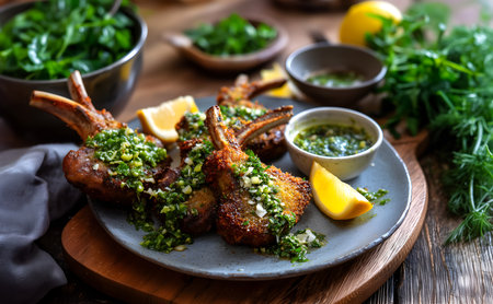 Creative food template. Parmesan breadcrumbs Crumbed Lamb meat Cutlets with Salsa Verde sauce on rustic wooden serve board table with ingredients and lemon scattered. Banner wallpaの写真素材
