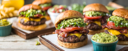 Creative food template. Guacamole Bacon beef Burger with lettuce, tomato, and cheese on wooden board with serving tissue. Long Banner wallpaperの写真素材