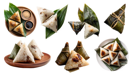 Set of Bak Zhang, Joong, Zong, Zongzi, Chinese glutinous sticky rice dumplings, Dragon Boat Duanwu festival, bamboo leaves isolated on cutout. Many different Mockupの写真素材