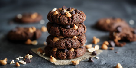 Creative food template. Stack of Protein cookies biscuits with nuts and peanut butter chocolate chip scattered on grey concrete background. magazine, banner, advertisement. copy teの写真素材