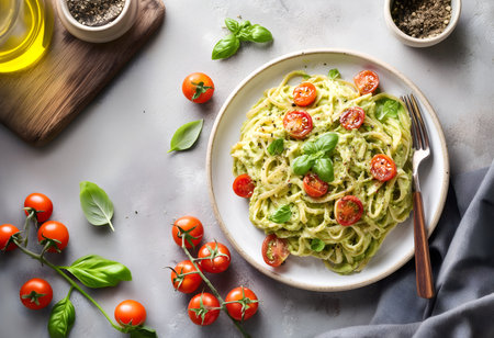 Creative food Concept. Creamy pesto sauce linguine pasta with basil tomato pepper olive oil ingredients on Rustic gray stone linen cloth background. copy text space. top flat lay oの写真素材