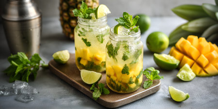 Creative food template. Glass of tropical refreshing bubbly fizzy mango, pineapple mocktail cocktail juice drink with diced fruits, ice cube and mint leaves herb, lime wedge. copyの写真素材
