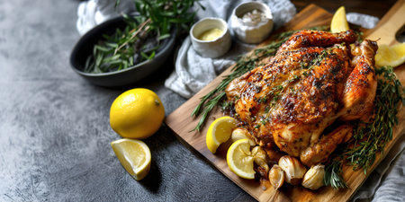 Creative food template. Perfectly marinated seasoned rotisserie chicken turkey with asparagus vegetable on wooden block, rosemary sprigs, lemon wedge, cream sauce on granite top.の写真素材