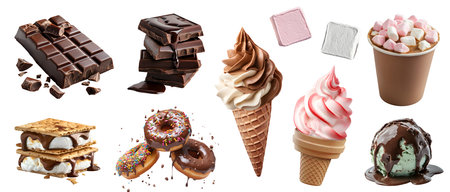 Collection of dessert candy candies treats sweets, Soft serve ice cream Yoghurt, chocolate, donut doughnut, S'more, Marshmallow cocoa, transparent cutout PNG. Many different varietの写真素材