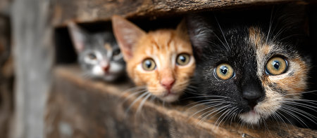 Creative animal template. Row of mixed colour Ginger black grey cat kitten kitty peeking out curious from fence of rustic blurred backyard wooden farm shed. copy text space. long bの写真素材