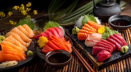 Creative food template. Elegant Platter row of sashimi, slices of raw fish, salmon, tuna, Sea Bream, with wasabi soy sauce on bamboo tray mat. copy text space.の写真素材