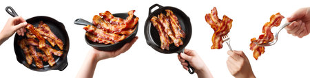 Set of hand holding crispy streaky fried bacon meat salt-cured pork, in strips slice, on fork,...