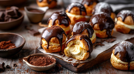 Creative food template. Profiteroles chocolate ganache vanilla Cream puff curd choux pastry dessert...