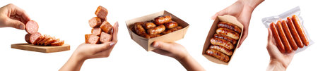 Set of hand holding sausage hotdog frankfurter frank wiener bratwurst ground meat, on plastic foil, takeaway box, on fork, stack slice, cutout. Many different styleの写真素材