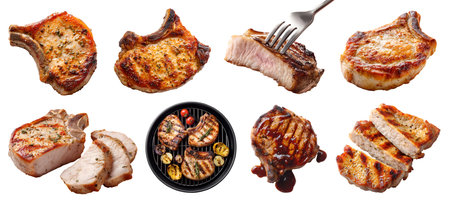 Set of pork chop meat, loin cut, sliced, barbecue grilled bake fry, plate, bbq grill, fork, sauce, bone-in boneless isolated on cutoutの写真素材