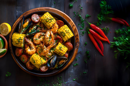 Creative food template. Cajun seafood boil, mussel shrimp corn sausage with spicy seasoning spice on rustic wooden dark table with herb chili cilantro parsley lime lemon, copy textの写真素材