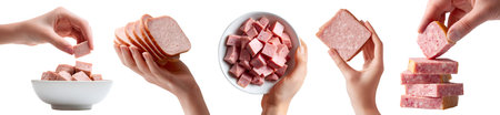 Set of hand holding luncheon meat Spam, processed preserved pork chicken vegan, on bowl, stack slice...