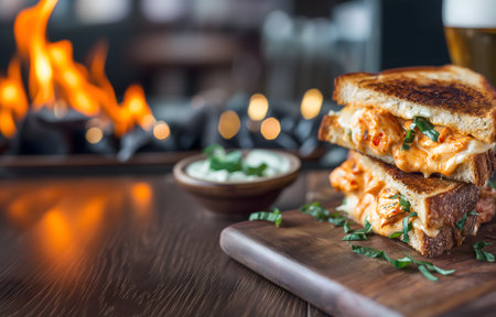 Creative food template. Stack of slice grill toast lobster seafood bread sandwich with melting dripping mayo cheese on wooden serving board with blur fireplace burning. copy textの写真素材