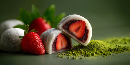 Creative food template. Strawberry Fruit Daifukumochi daifuku mochi rice flour Japanese dessert...