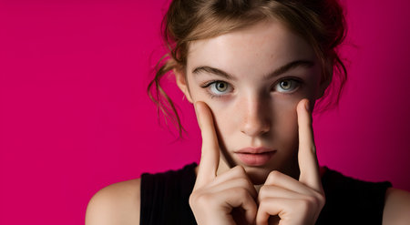 Creative lifestyle template. A pretty wavy hair teenager girl lifting hand to face, posing with finger point to eyes on bright pink background. copy text space.の素材