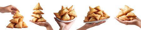 Set of hand holding samosa, crispy fried baked pastry with filling, vegetable meat spice, plate...