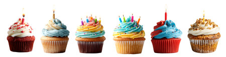 Collection of birthday celebration Cupcake muffin with candle burning and colourful icing frosting...