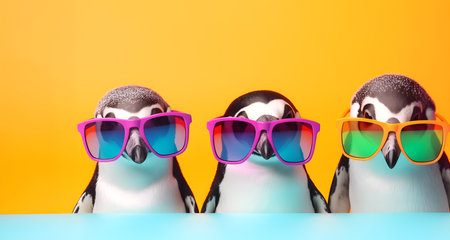 Creative animal concept. Group of penguin bird friends in sunglass shade glasses isolated on solid background, commercial, editorial advertisement, copy text spaceの素材