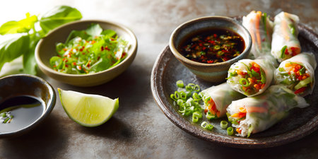 Creative food template.  Fresh steam rice paper spring roll with colourful vegetables inside,...