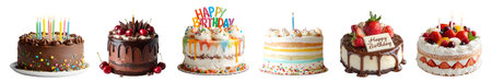 Set of celebration birthday colourful party tiered cake pastry dessert with burning candle and icing...